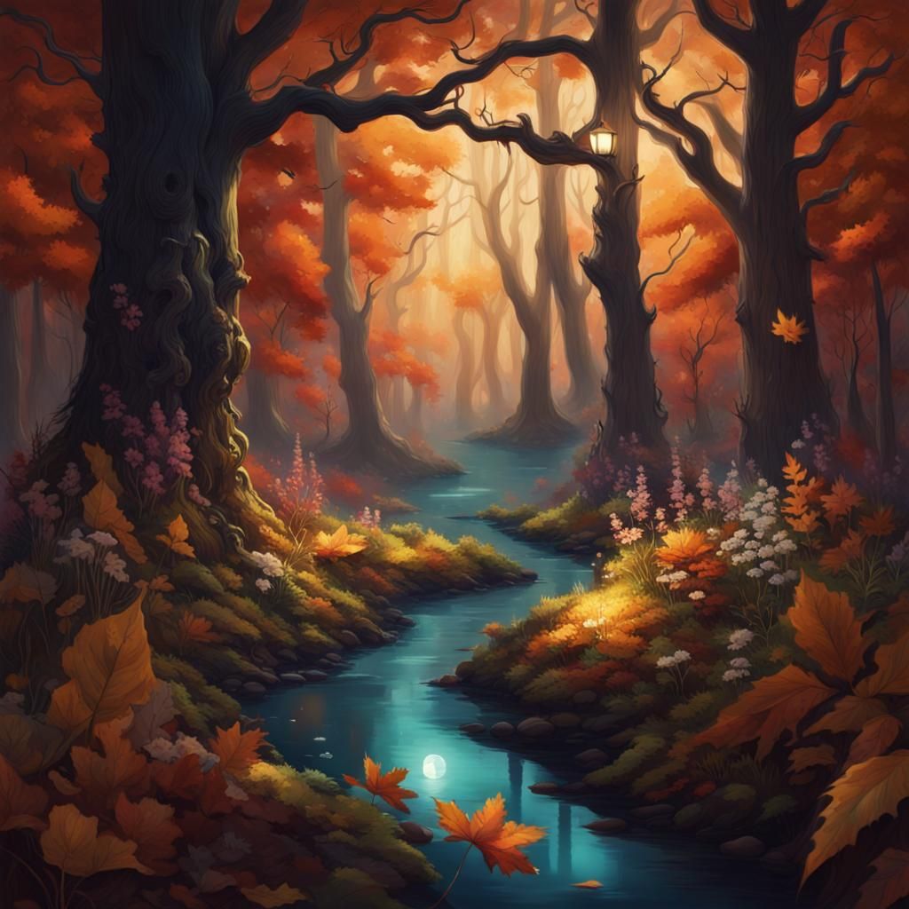 Enchanted Autumn Forest Illuminated by Moonlight