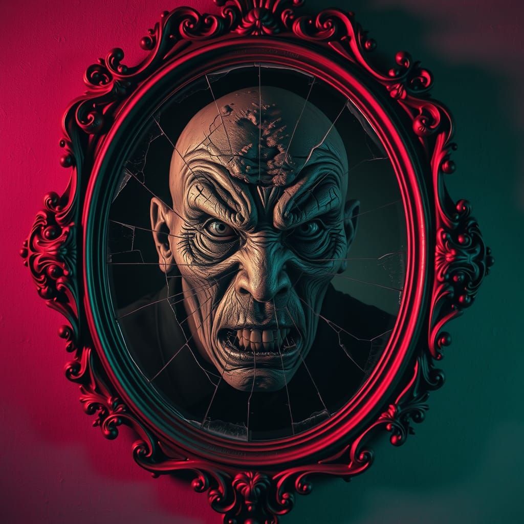 Distorted Horror Reflection in Ornate Cracked Mirror