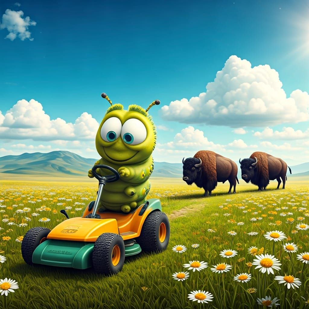Cartoon Caterpillar Mowing Buffalo Meadow, Surreal Art