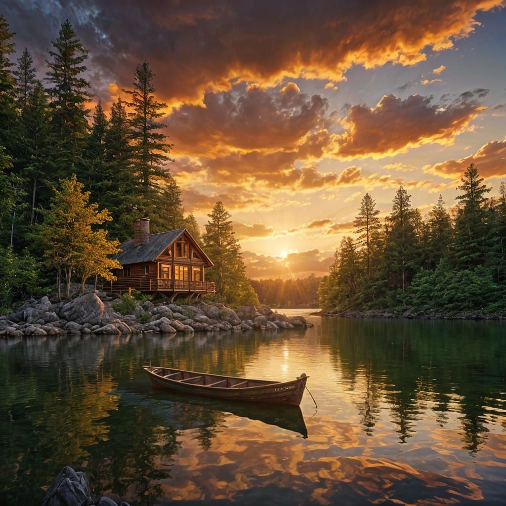 Rustic Log Cabin on Rocky Island at Sunset