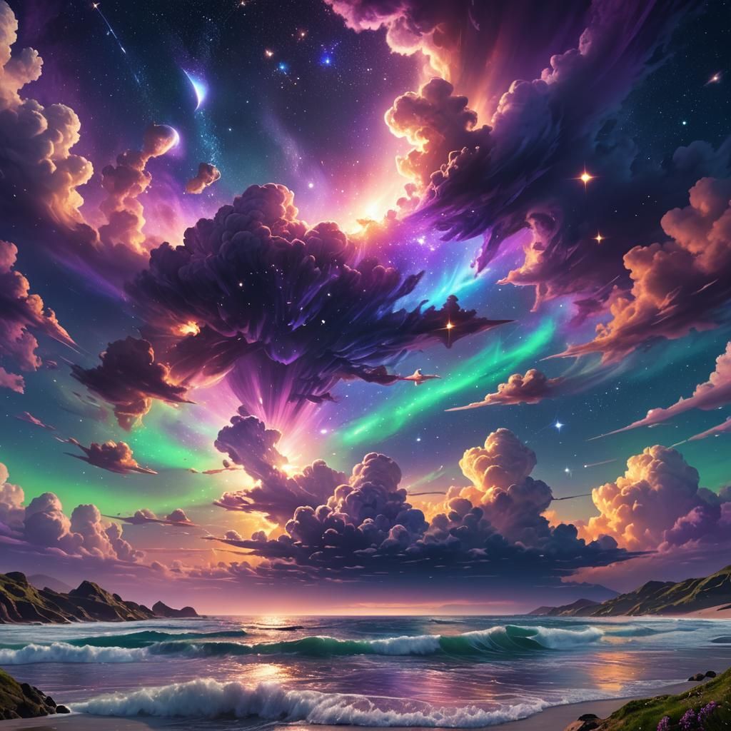Cosmic Dreamscape: Multicolored Stars in Digital Painting