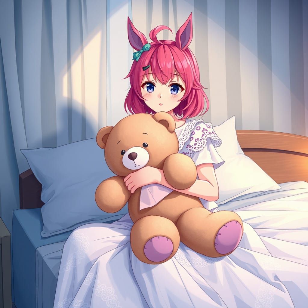 Enchanting Pink-Haired Girl Cosies Up with Teddy Bear in Dre...