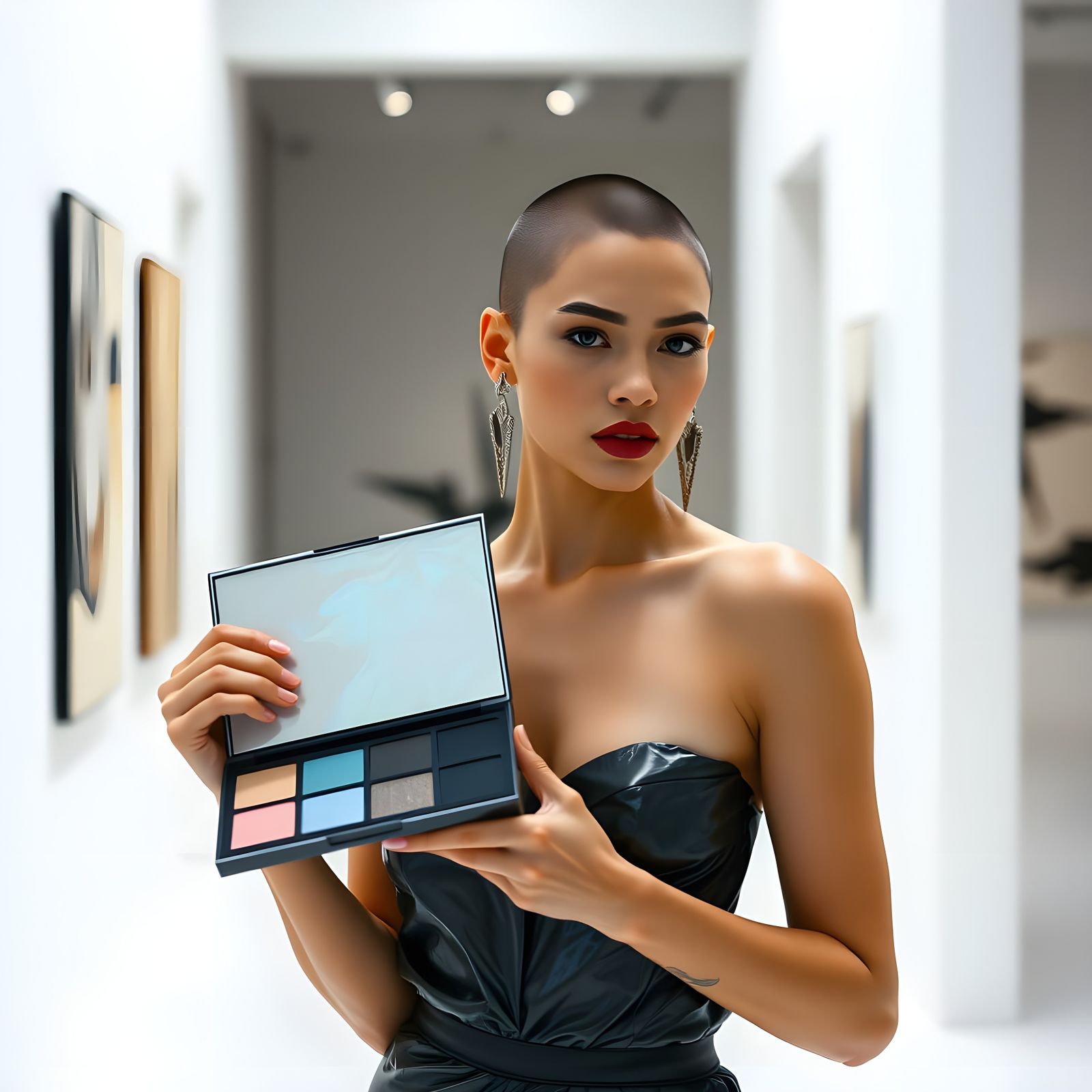 Sleek Fashion Model Strides Through Modern Art Gallery in Ci...