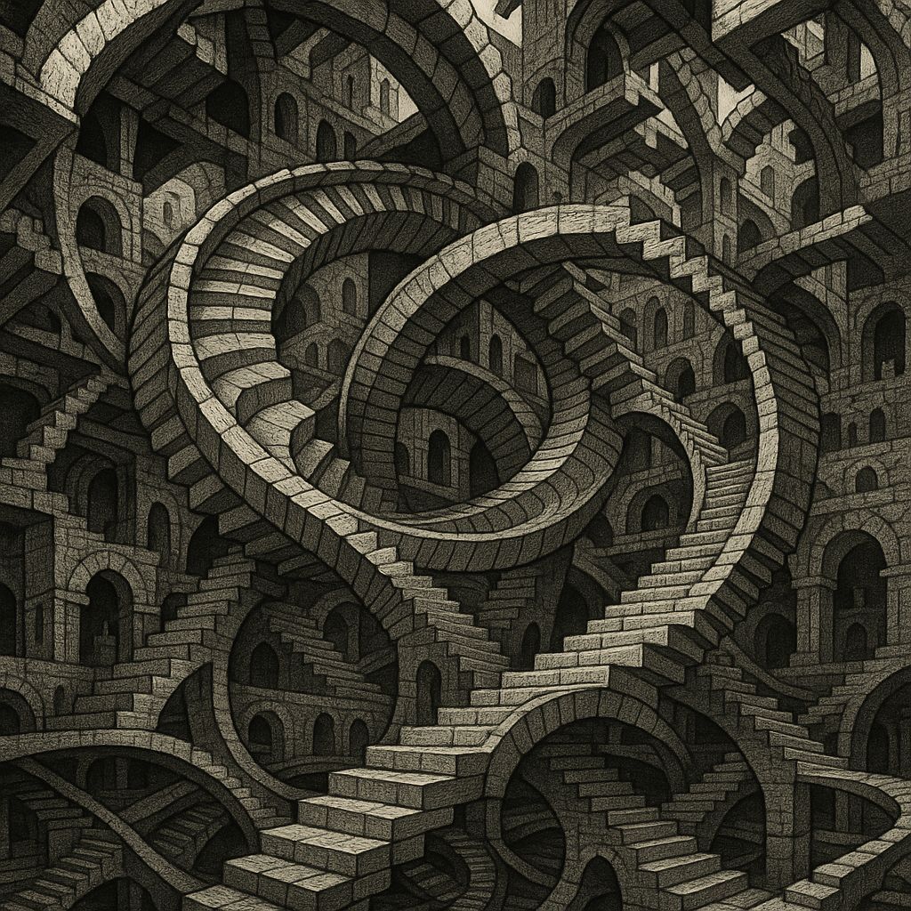 Non-Euclidean City Staircase in Tesseract Ruins