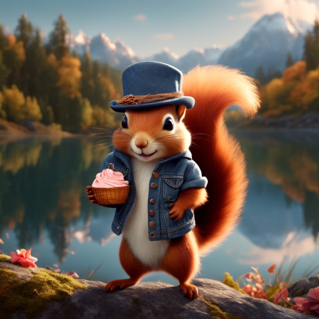 Squirrel with Rose, Lakeside Scene