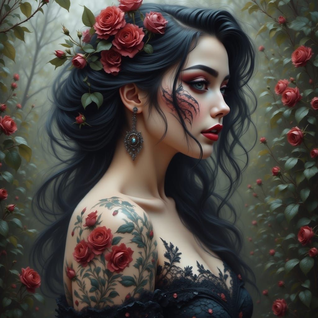Eerie Pinup Portrait with Roses and Tentacles