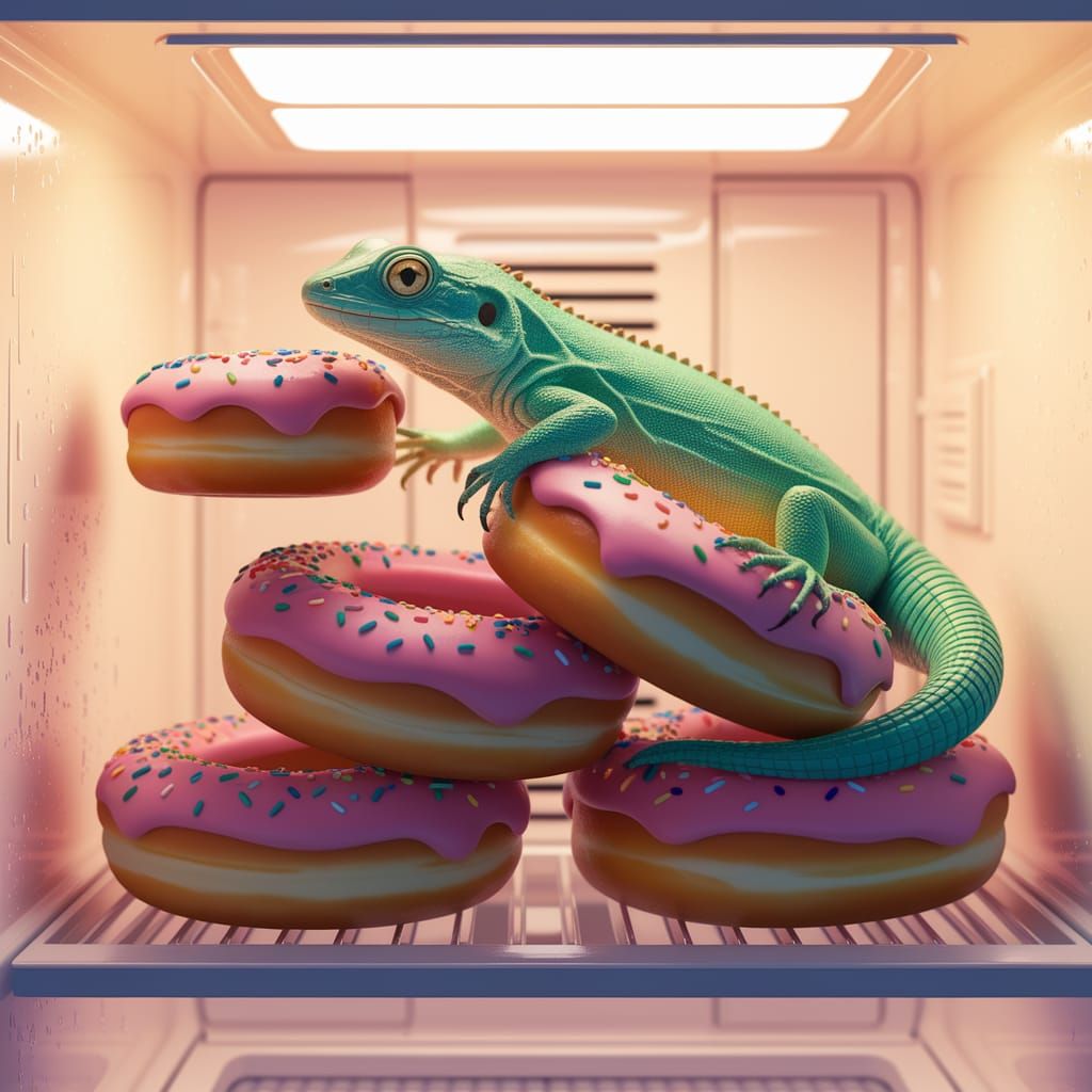 Lizard Lounges in Fridge Eating Donuts: Digital Art