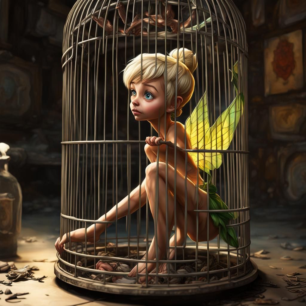 Tinkerbell's Despair: Hyperrealistic Birdcage Imprisonment