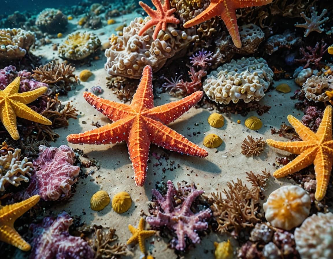 Colorful Starfish on Coral Reef: Oil Painting