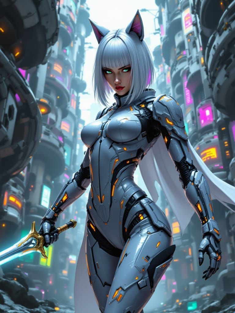 Cyberpunk Warrior with Feline Ears in Neon Corridor