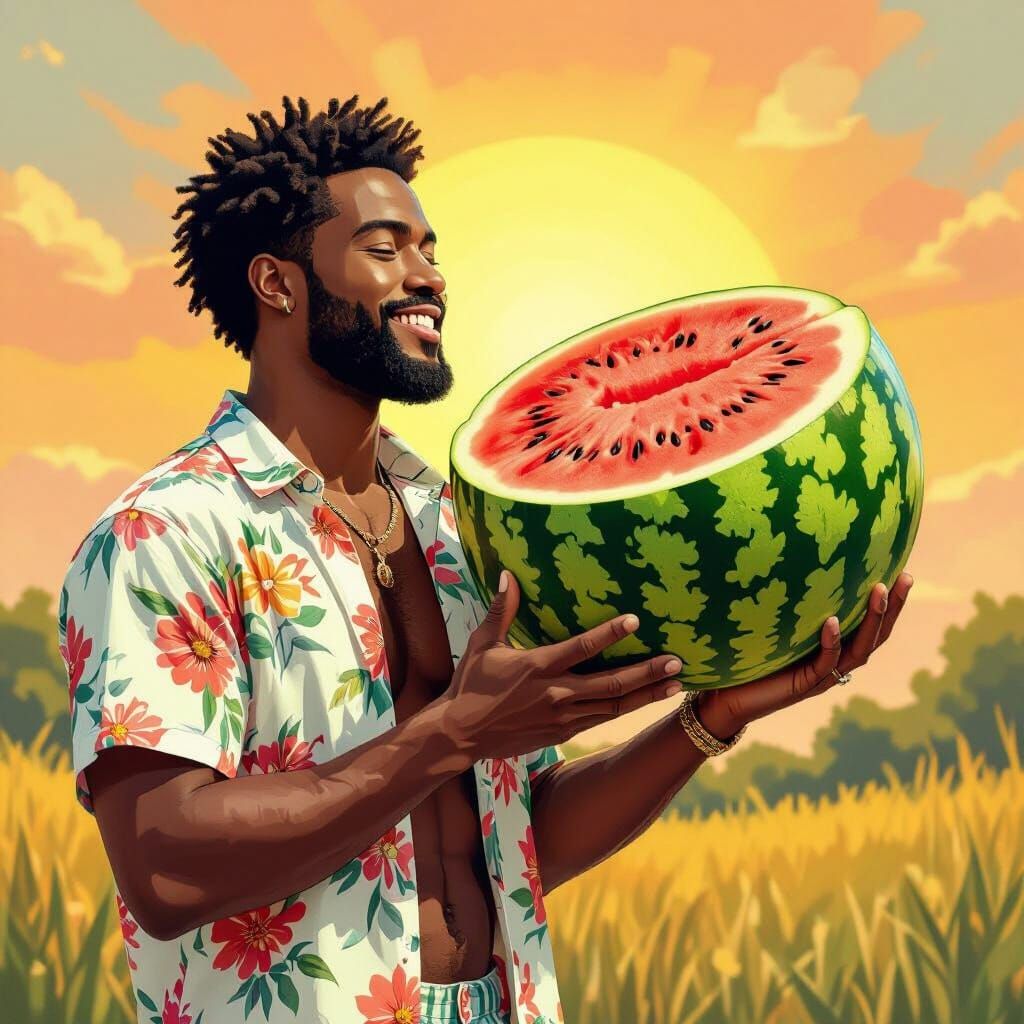 Vibrant Portrait of Man with Watermelon