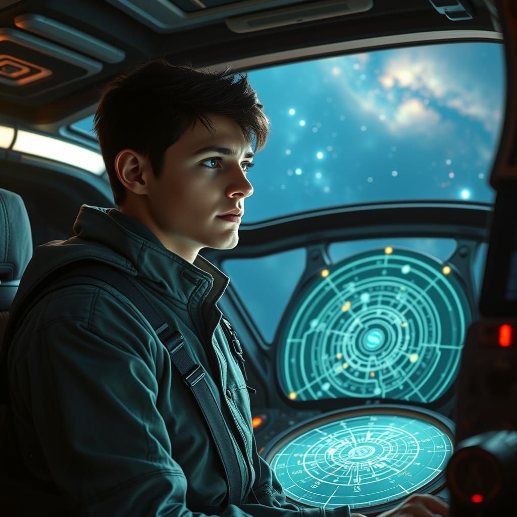 Apprentice Astrogator Gazes at Star Chart in Deep Space