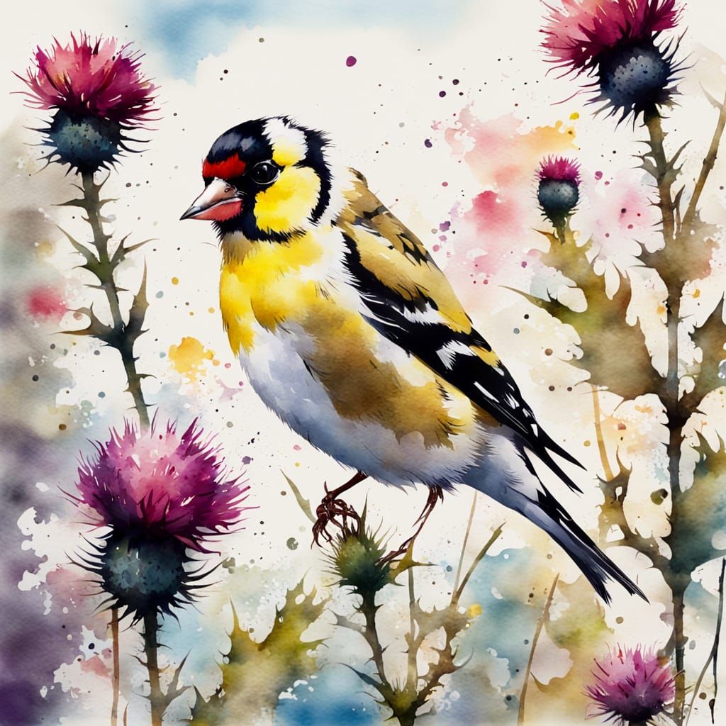 Vibrant Goldfinch Amidst Thistle Bloom in Sunny Watercolour