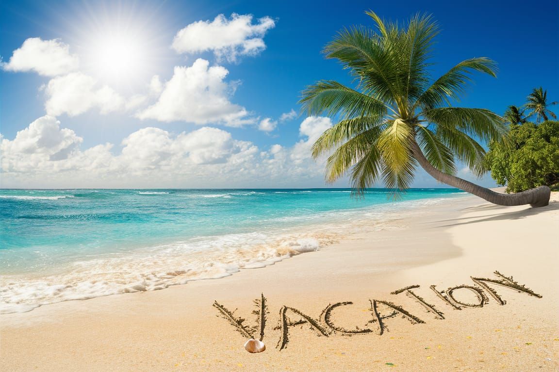 Tropical Beach Paradise with Vacation Message