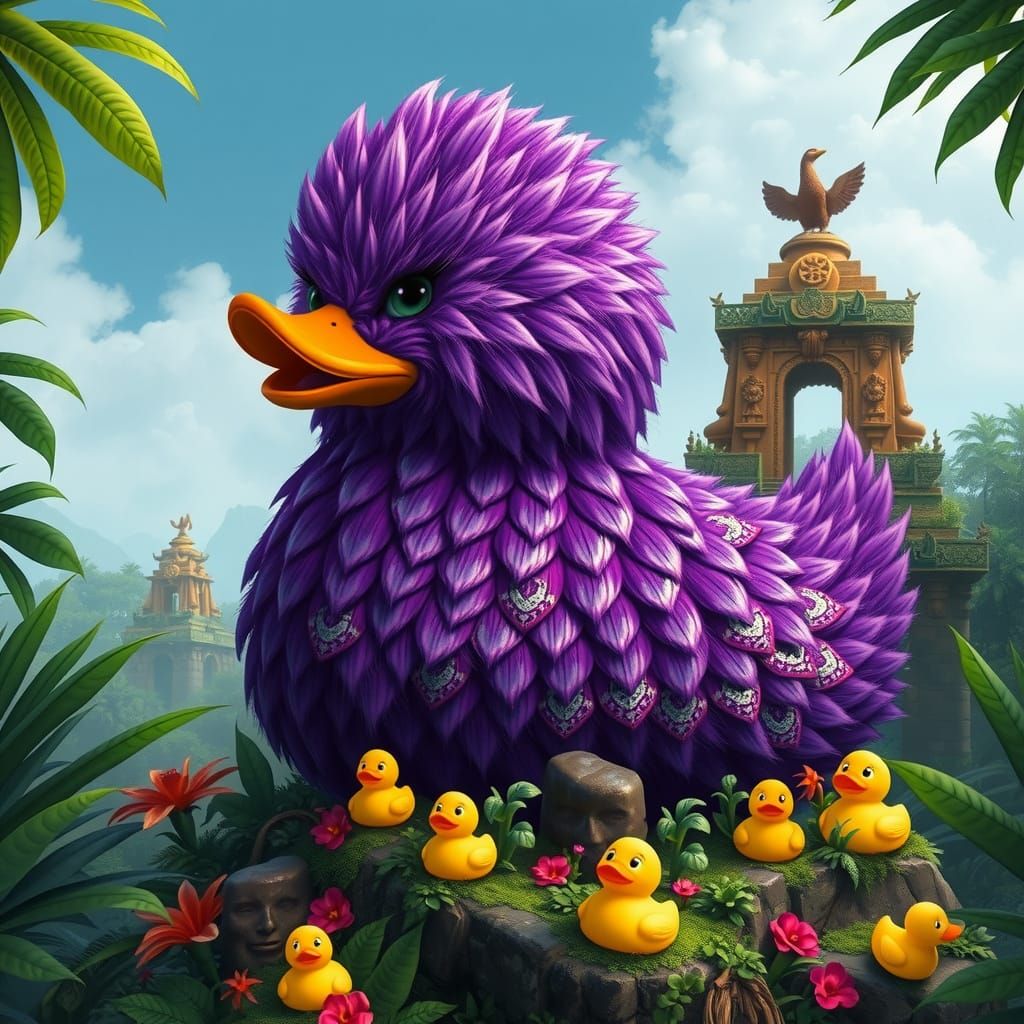 Whimsical Grape Rubber Duck Rules Jungle Temple