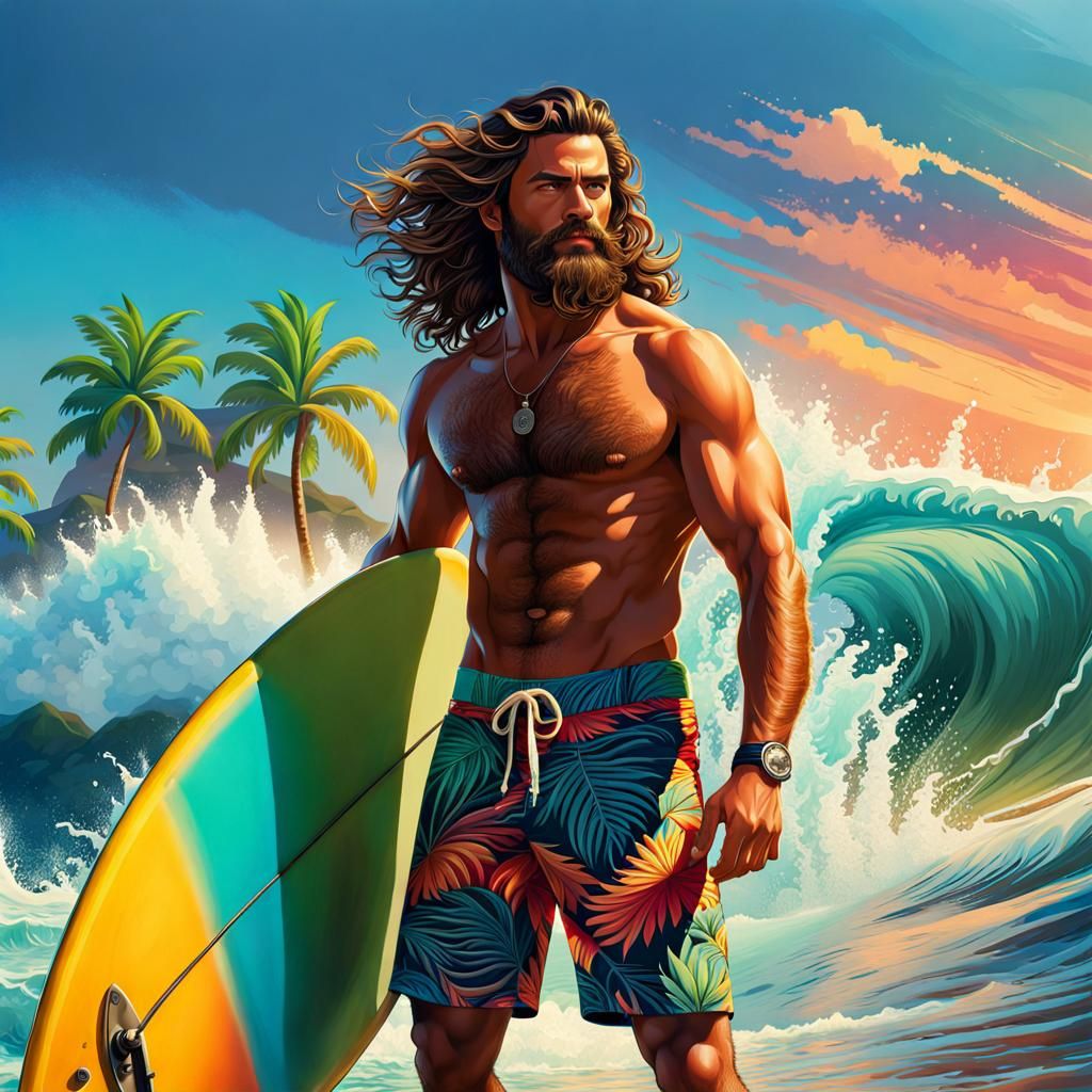 Hyperrealistic Surfer Dude with Surfboard on Beach