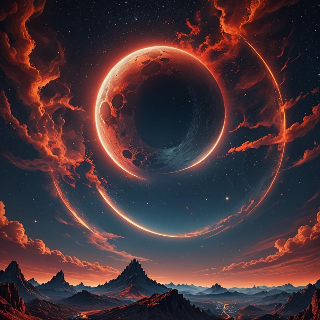 Full Moon with Red Ring in Fantasy Landscape