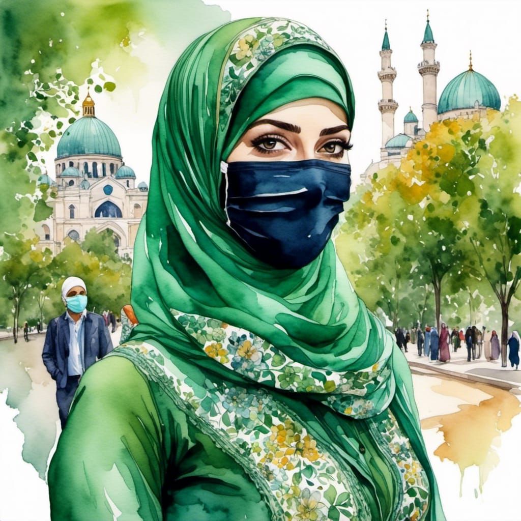 European Woman in Hijab and Facemask: Watercolor Portrait