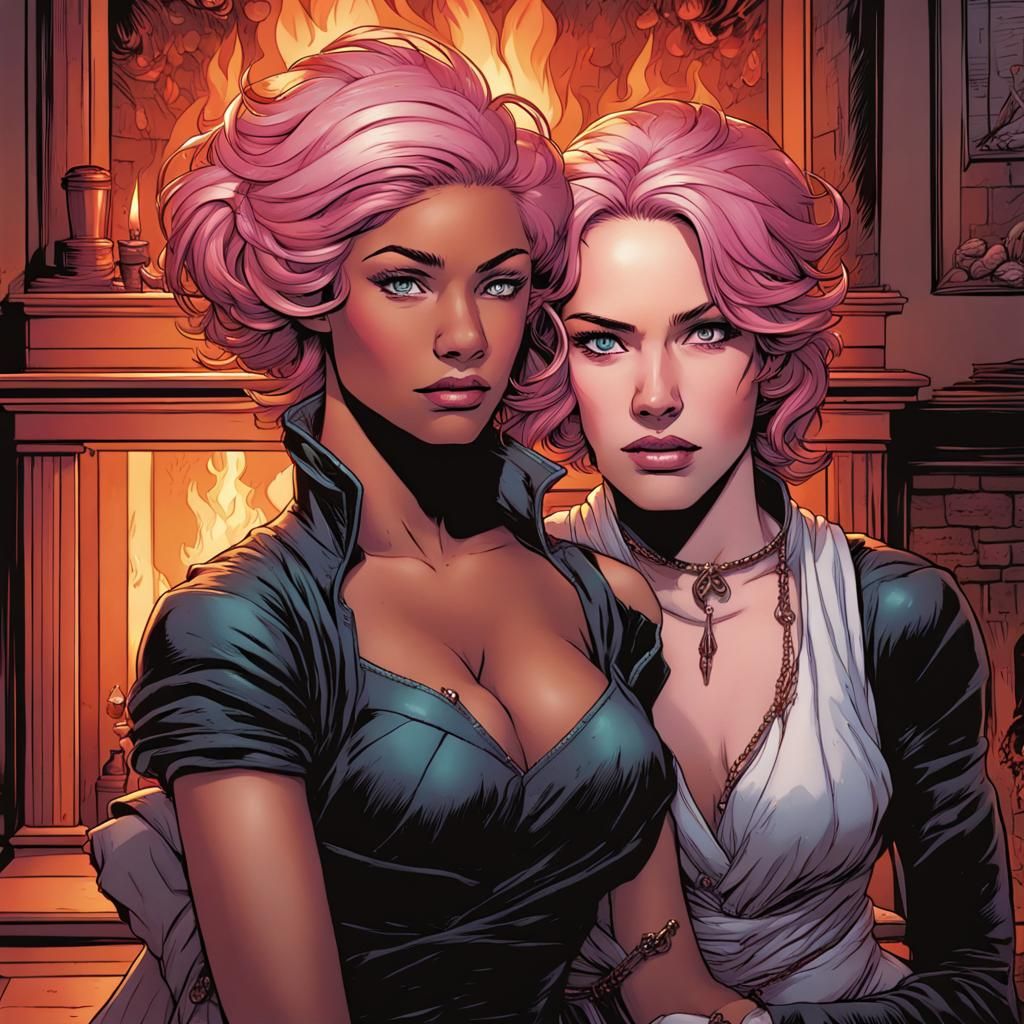 Comic Art: Pink-Haired Queen and Dark-Haired Woman