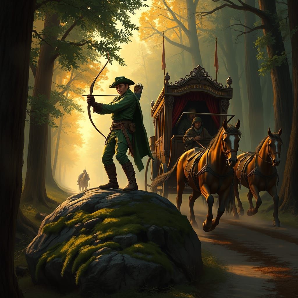 Sherwood Forest Outlaws Ambush a Coach at Golden Twilight