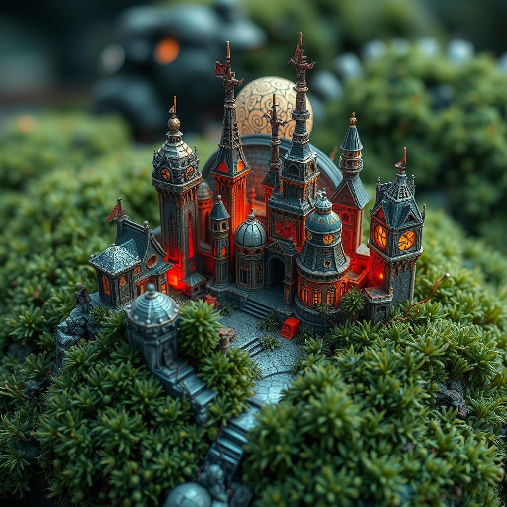 Miniature Fantasy Cityscape in Moss with Fractal Patterns