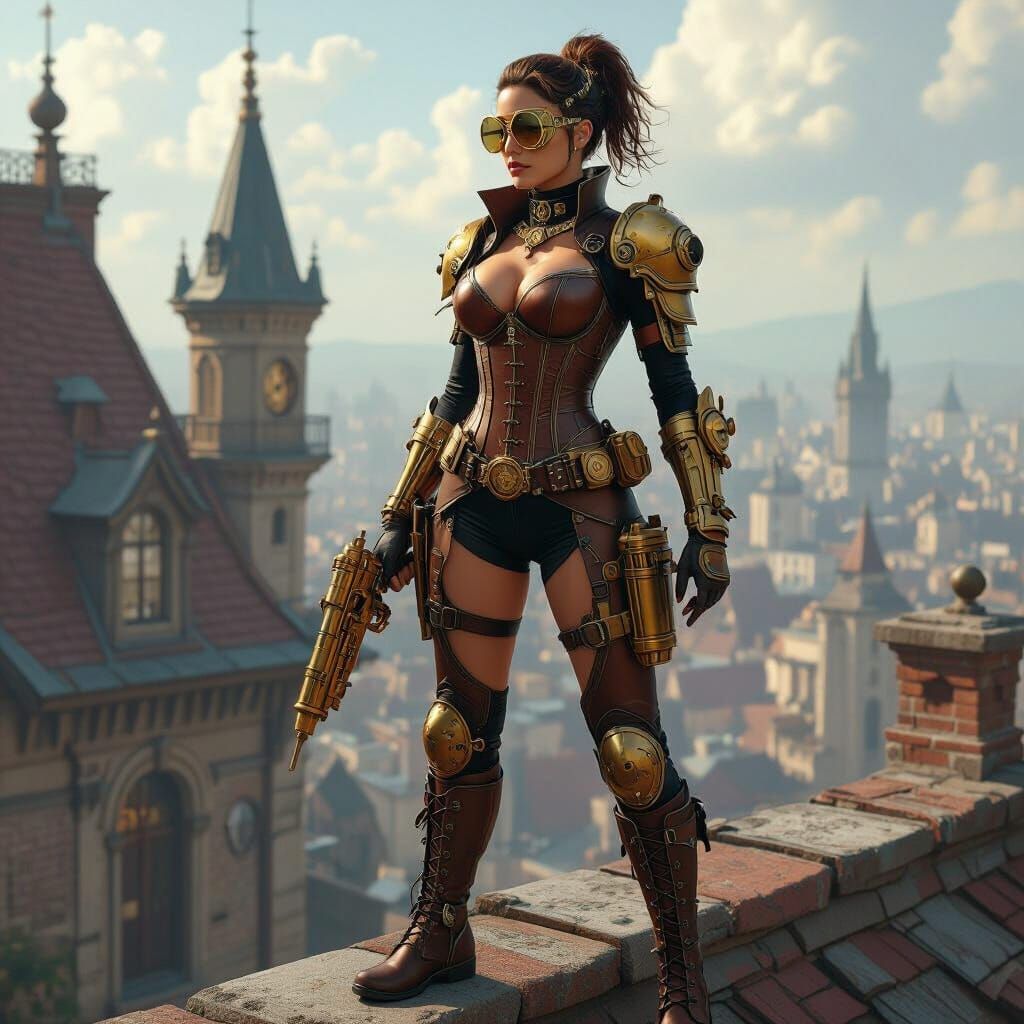 Steampunk Superheroine Guarding the City
