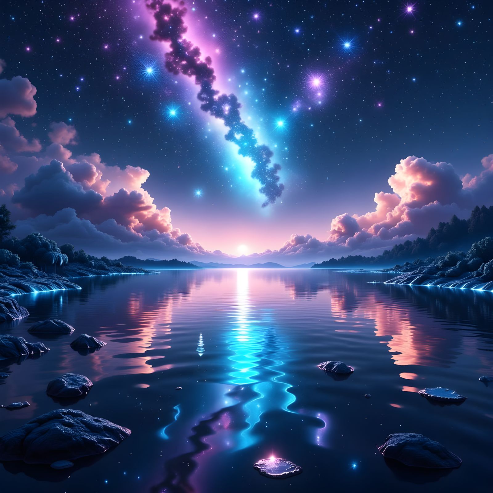 Stunning Bioluminescent Nebula Reflection Over Water