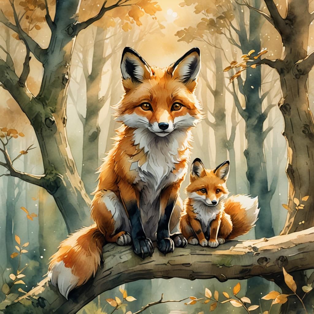 Enchanting Forest Scene with Fox and Wolf Friends