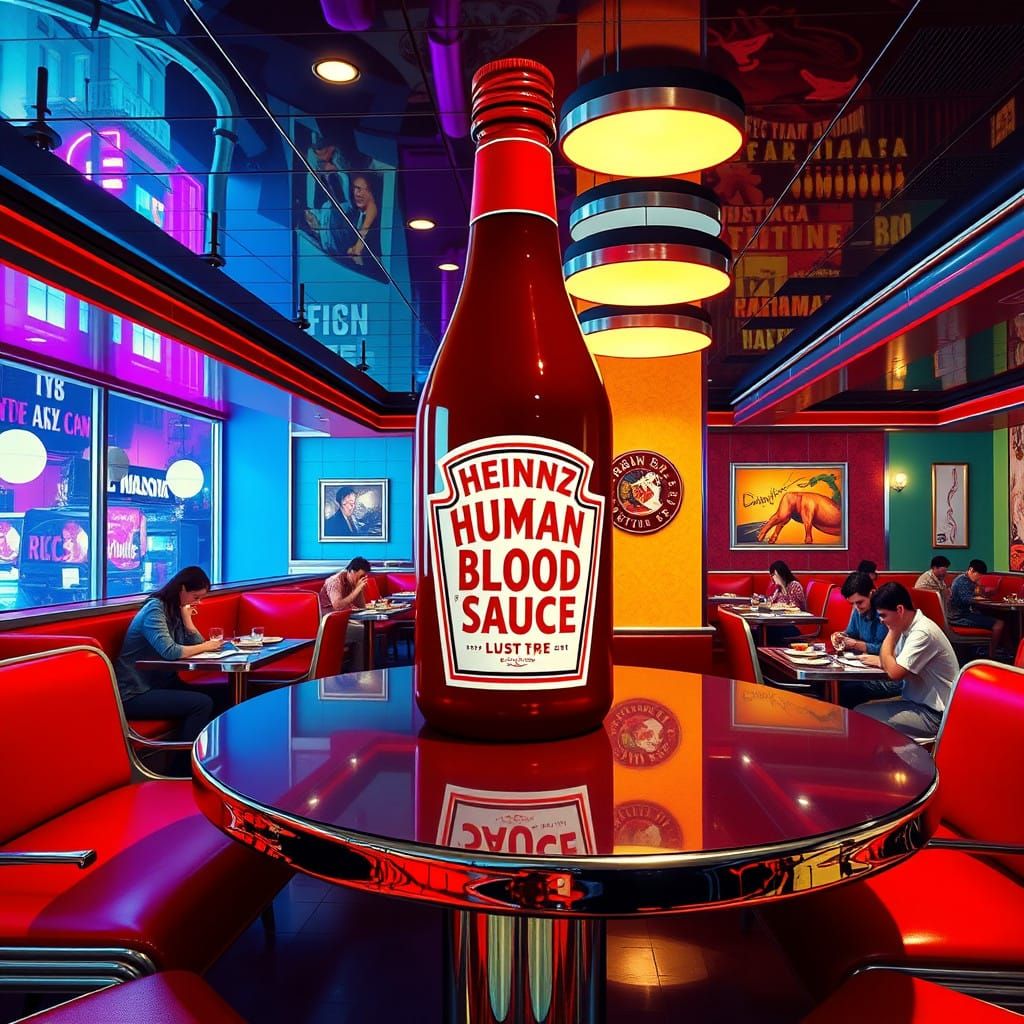Bold Restaurant Interior with Giant Human Blood Sauce Bottle