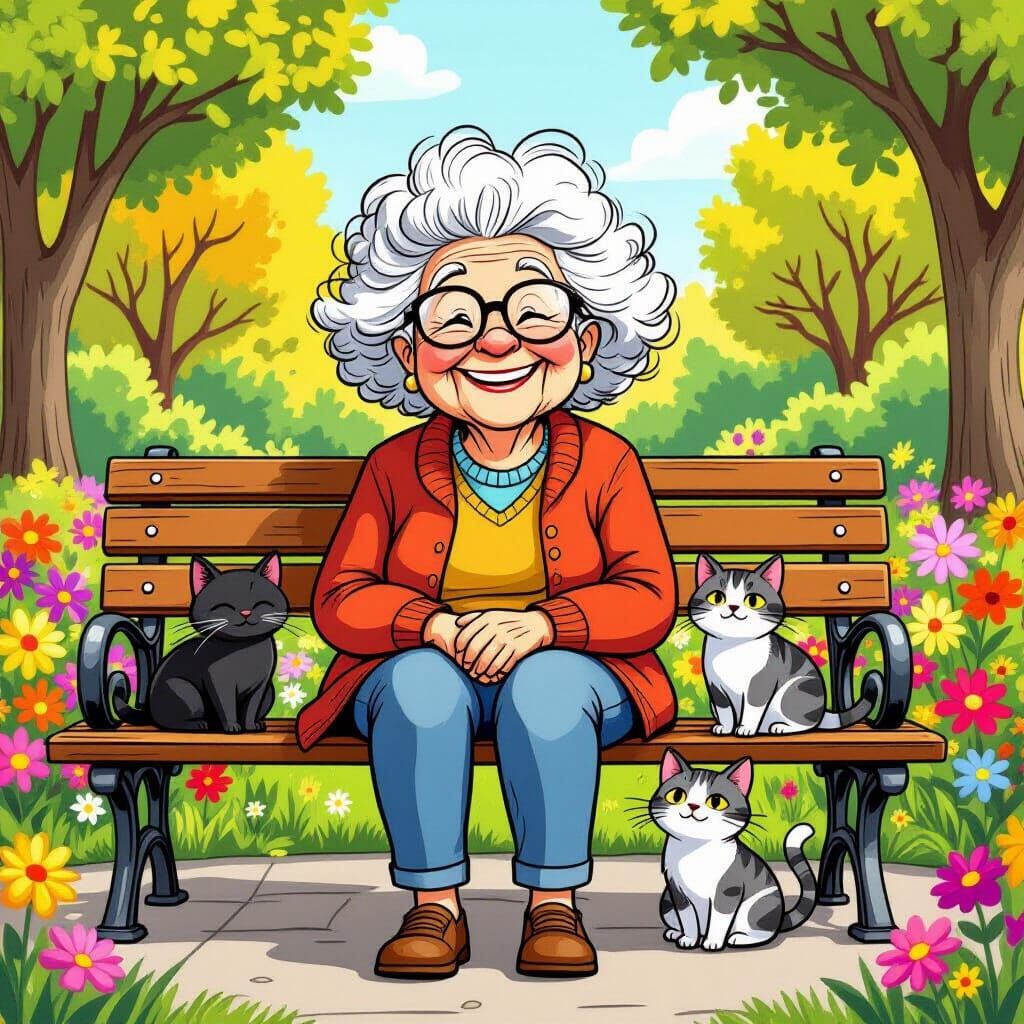 Smiling Grandmother with Cats in Comic Book Art