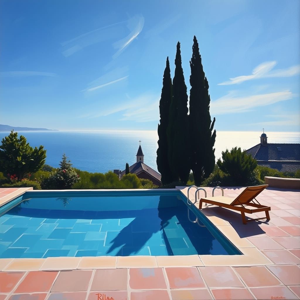Serene Pool Scene in Abstract Oil Painting Style