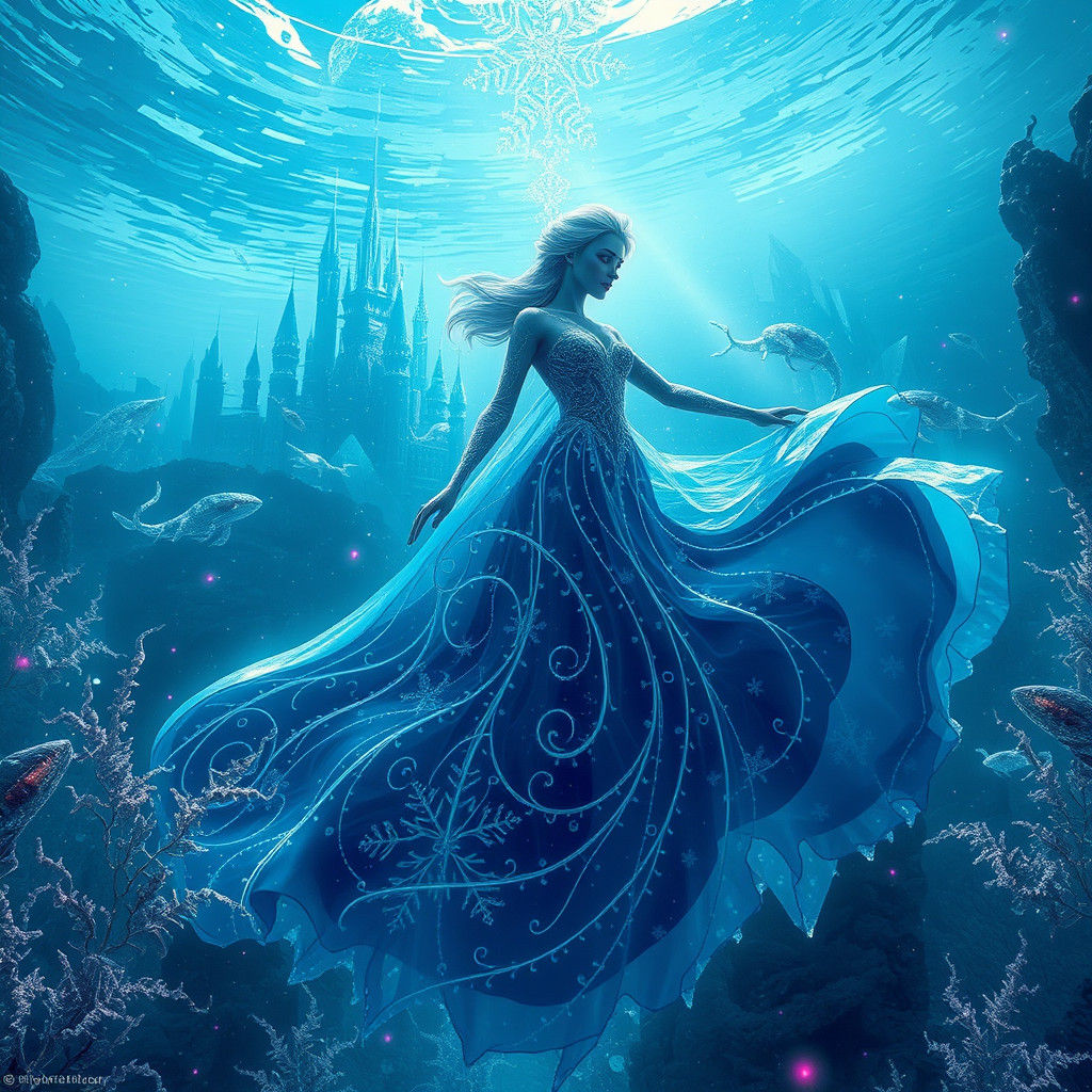 Elsa in Underwater Frozen Cityscape, Fantasy Concept Art