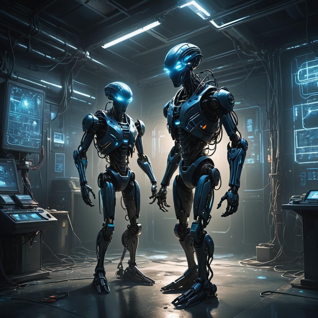 Alien AI Robot in Dimly Lit Lab