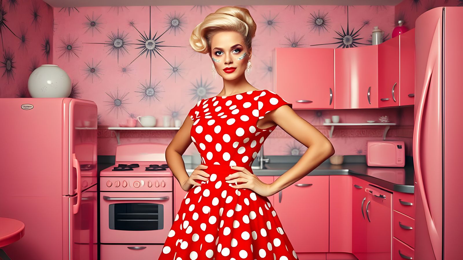 Vintage Woman Poses in 1950s Kitchen with Retro-Futuristic S...