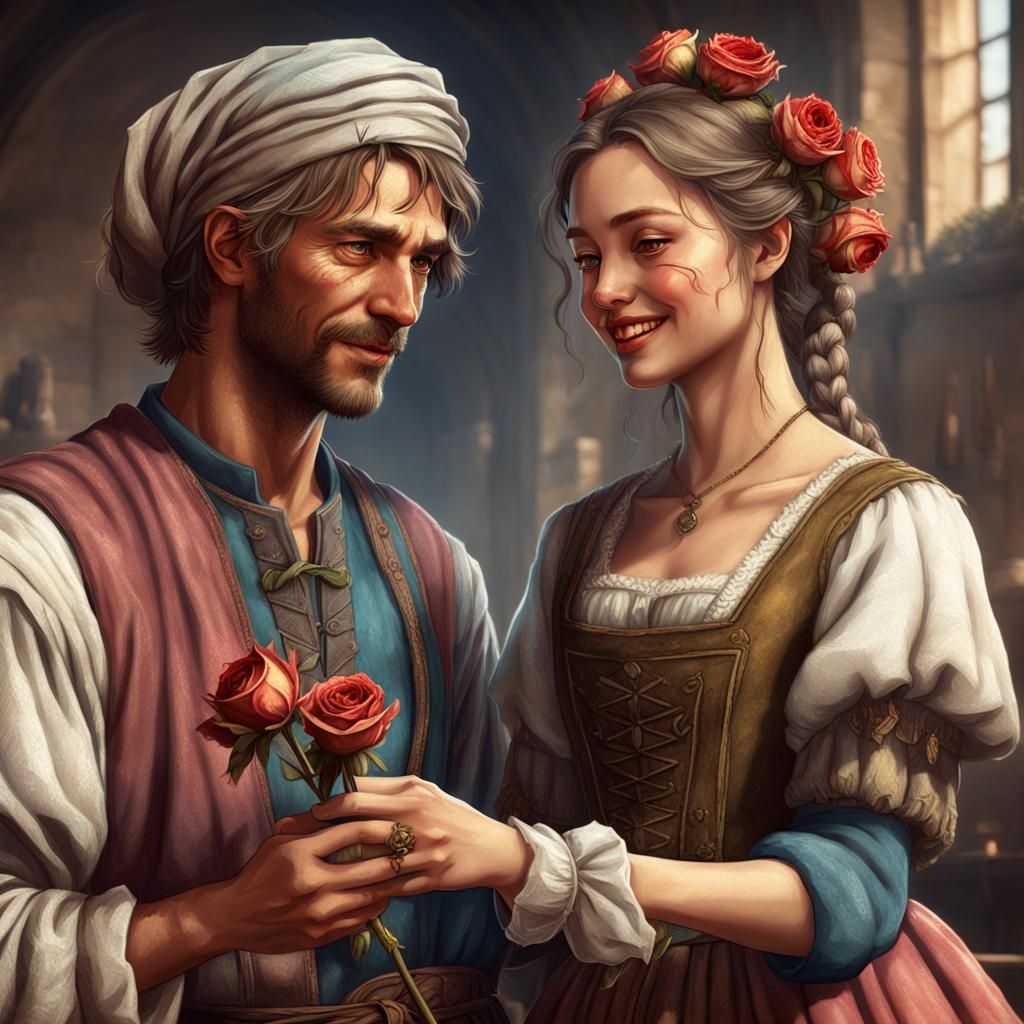 Renaissance Girl Receives Rose in Detailed 3D Art