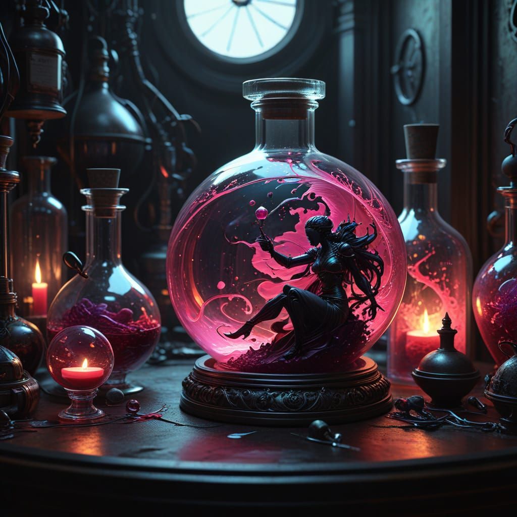 Ethereal Dark Fantasy Still Life in a Mysterious Alchemist's...