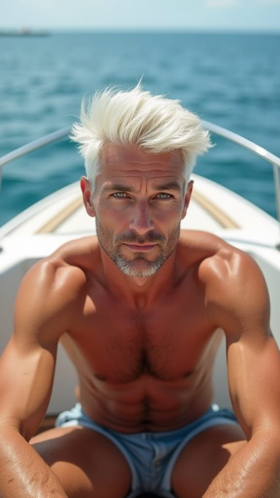 Man with White Hair and Green Eyes on Luxury Yacht
