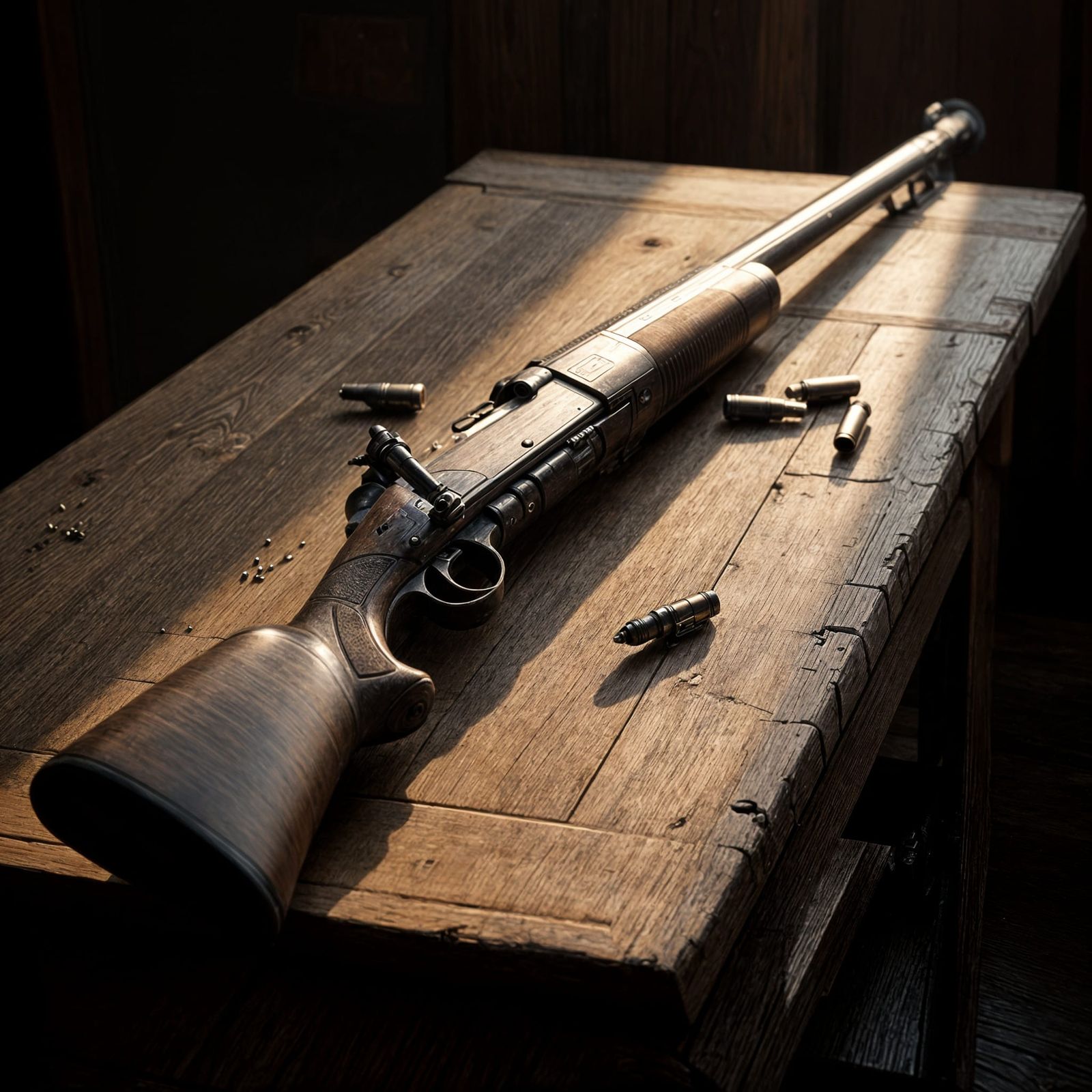 Precision Rifle on Wooden Table in Cinematic Lighting