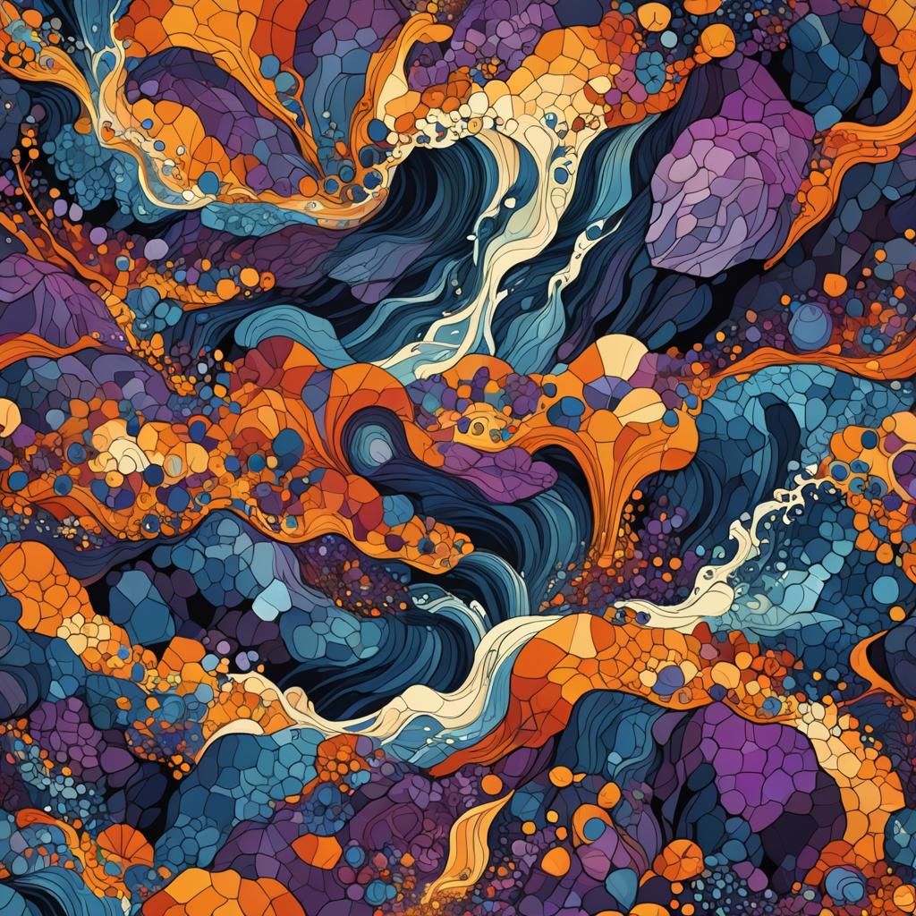 Abstract Fractal Waterfall with Sunset, Vector Art