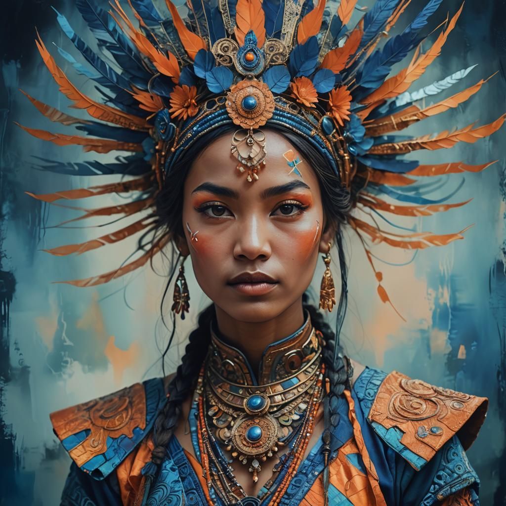 Expressive Portrait with Intricate Headpiece in Abstract Sty...