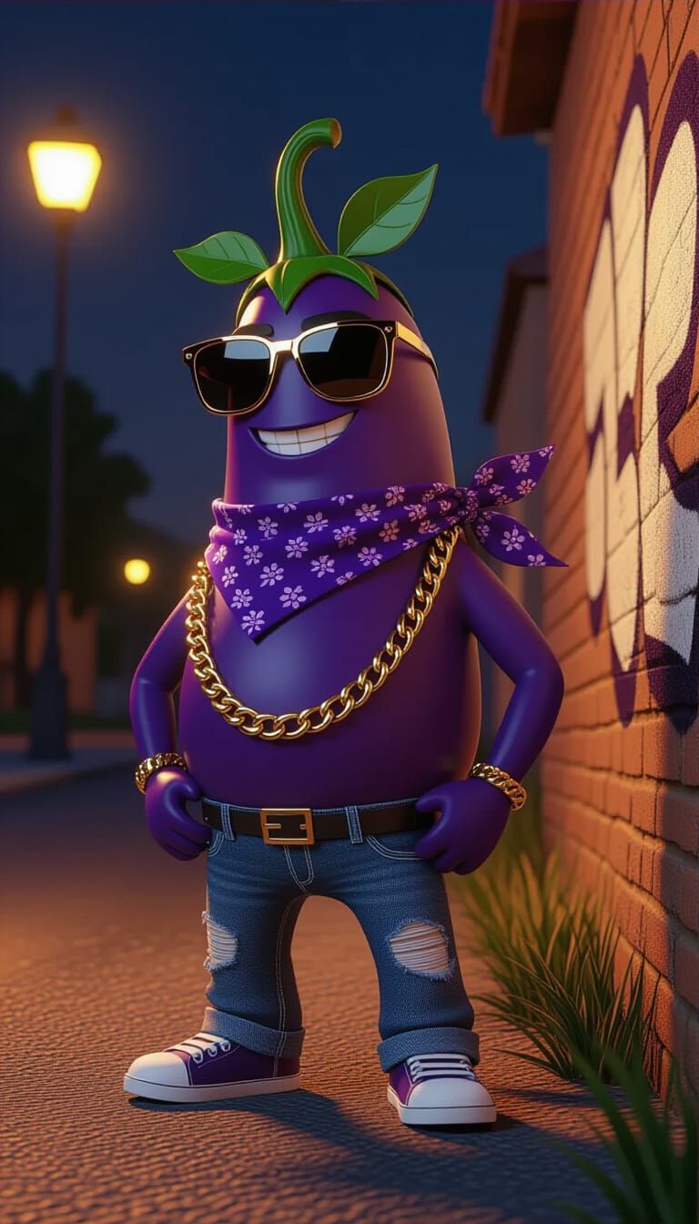 Cartoon Brinjal Character on Dusty Road in Pixar Style