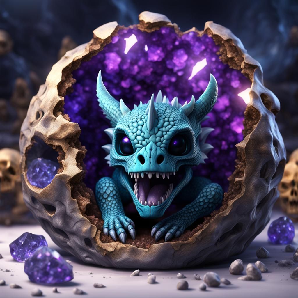 Baby Dragon Hatching from Crystal Geode