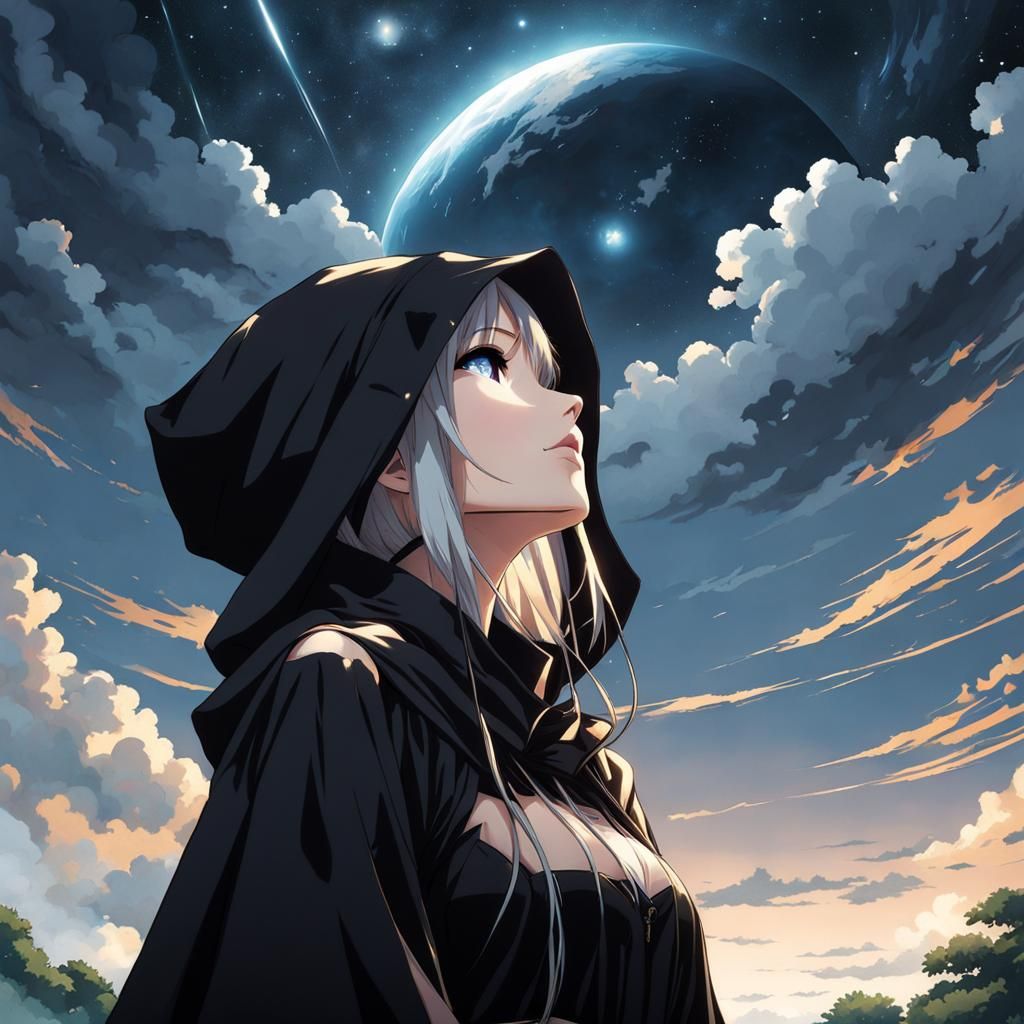 Hooded Woman Sees Another World: Anime Art