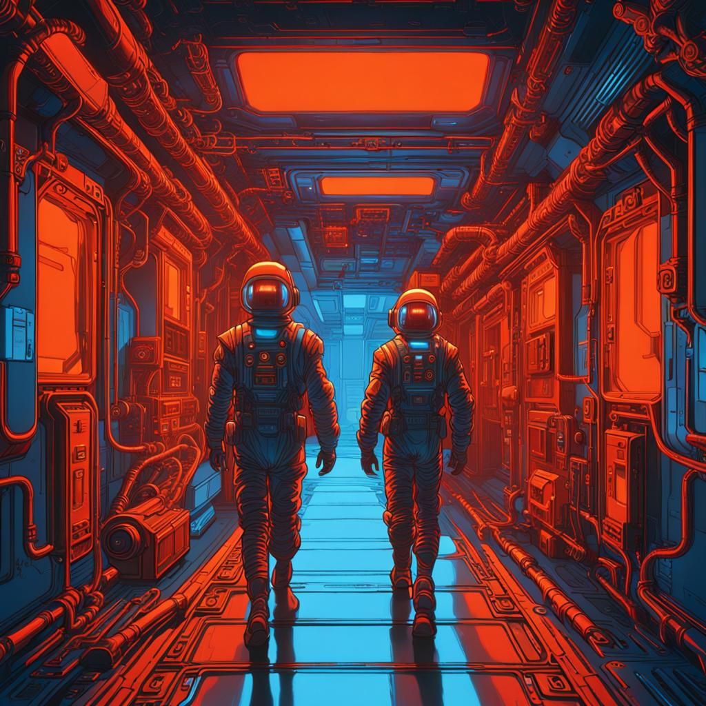 Skutters in Red Dwarf Corridor: Sci-Fi Illustration