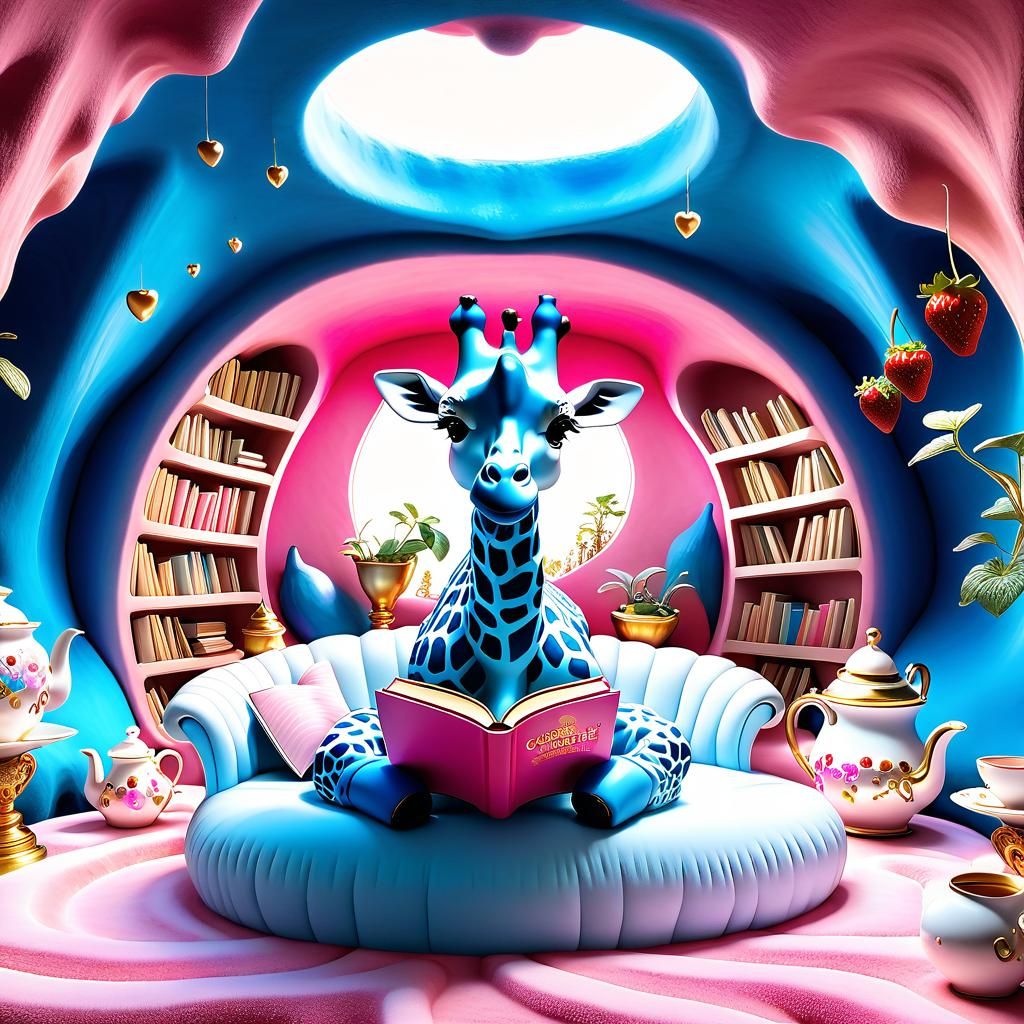 Whimsical Chibi Giraffe Reading in Cozy Cave
