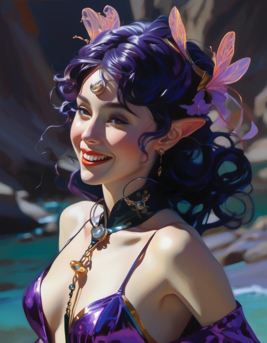 Luminescent Elf on Enchanted Seaside, Art Nouveau Style