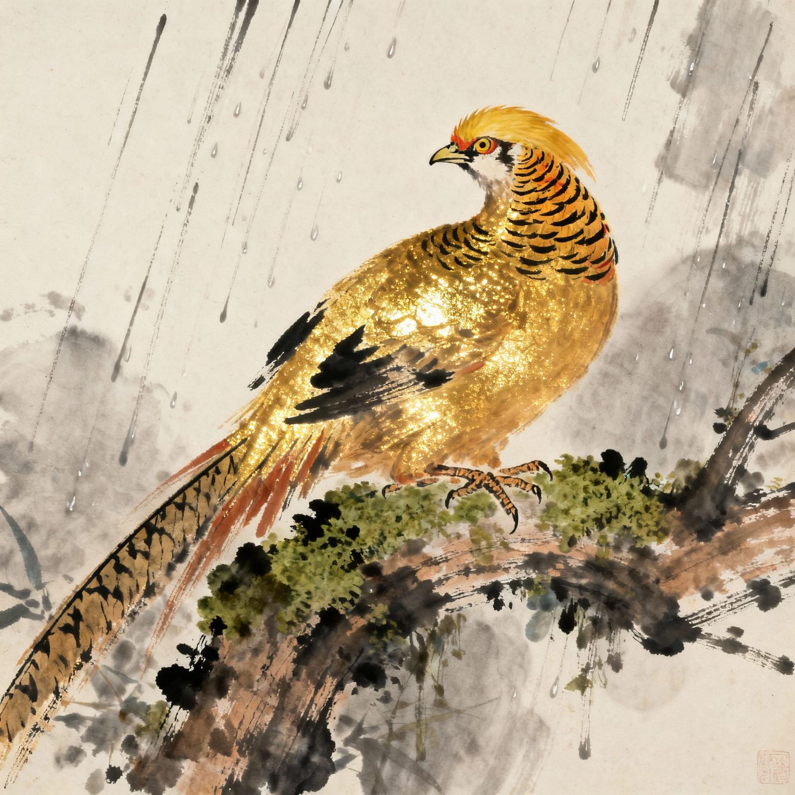 Golden Pheasant on Moss Branch in Chinese Ink Wash Style
