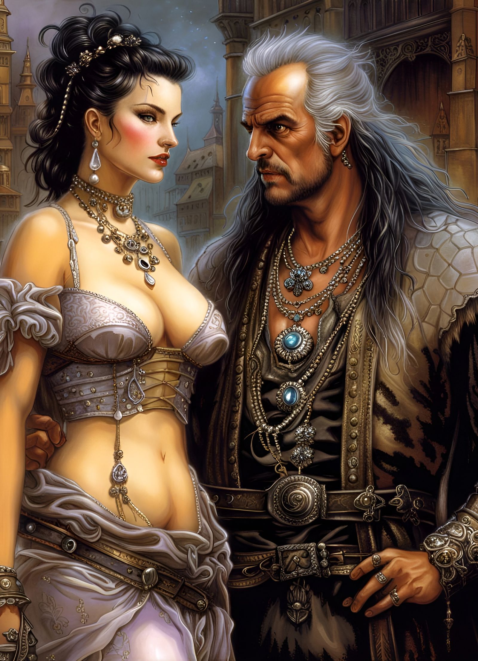 Merchant and Woman in Dark Fantasy Style
