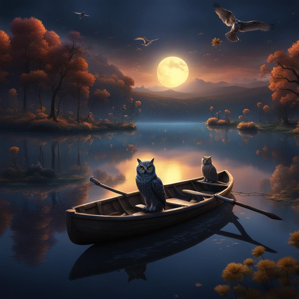 Owl and Cat on Lake at Night