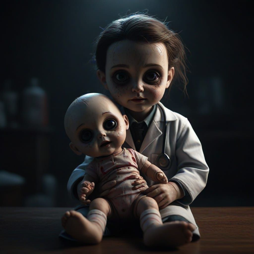 Creepy Doll Doctor Holds Baby Toy Head in Horror Style